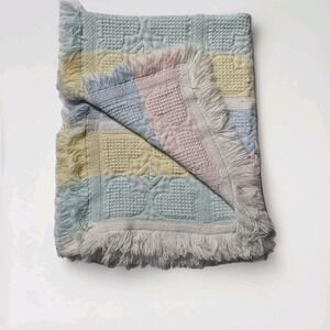 Vintage Pastel Hearts Baby Blanket Fringe Waffle Knit Pink Blue Unisex